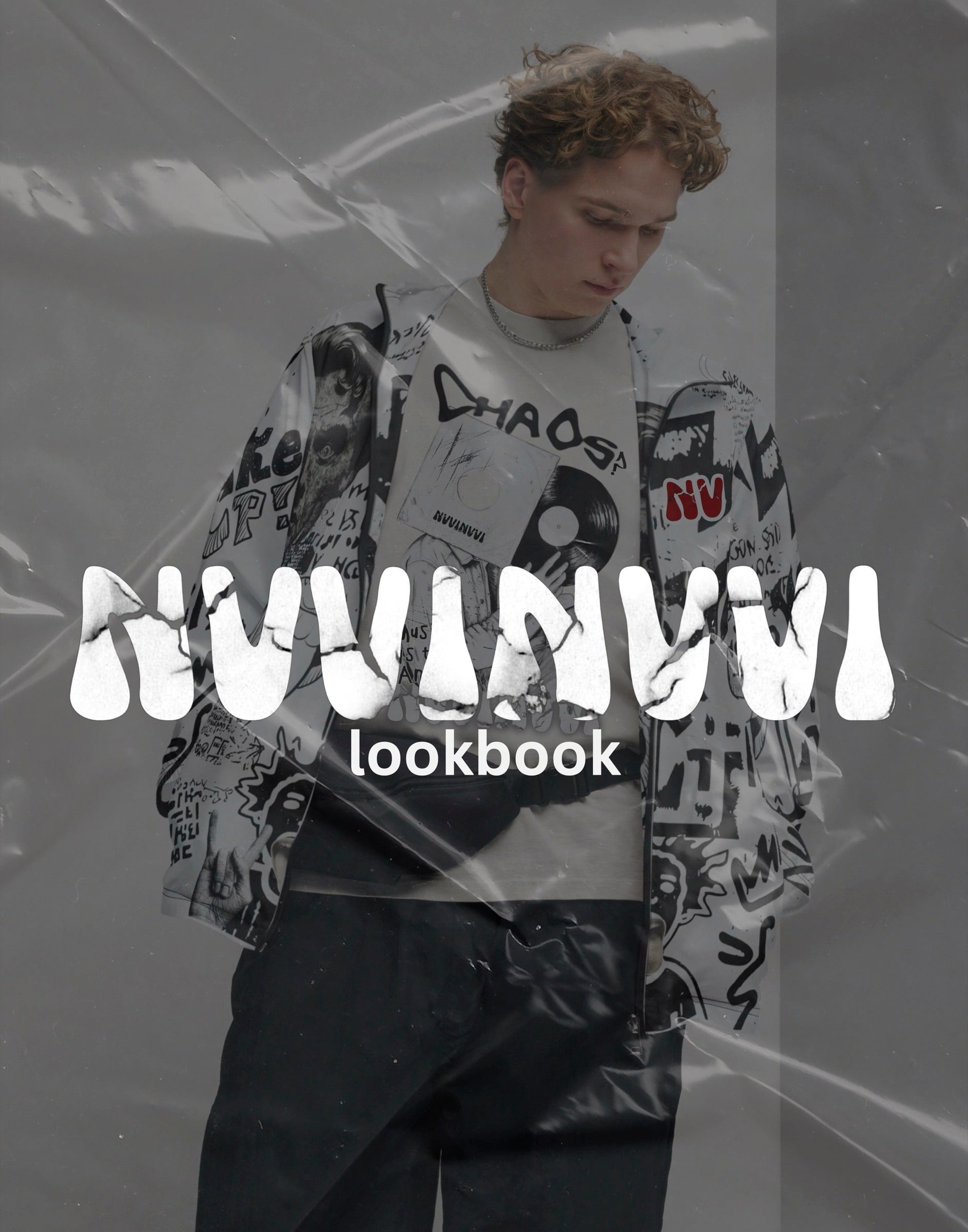 VINV lookbook cover: graffiti jacket and Chaos t-shirt worn in front of a plastic sheet