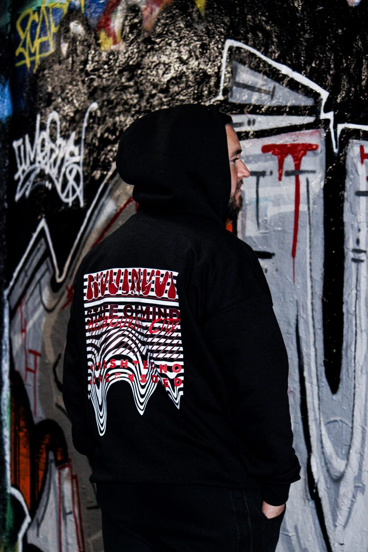Hoodie noir porté de dos capuche relevée, impression dorsale fondue rouge et blanche.