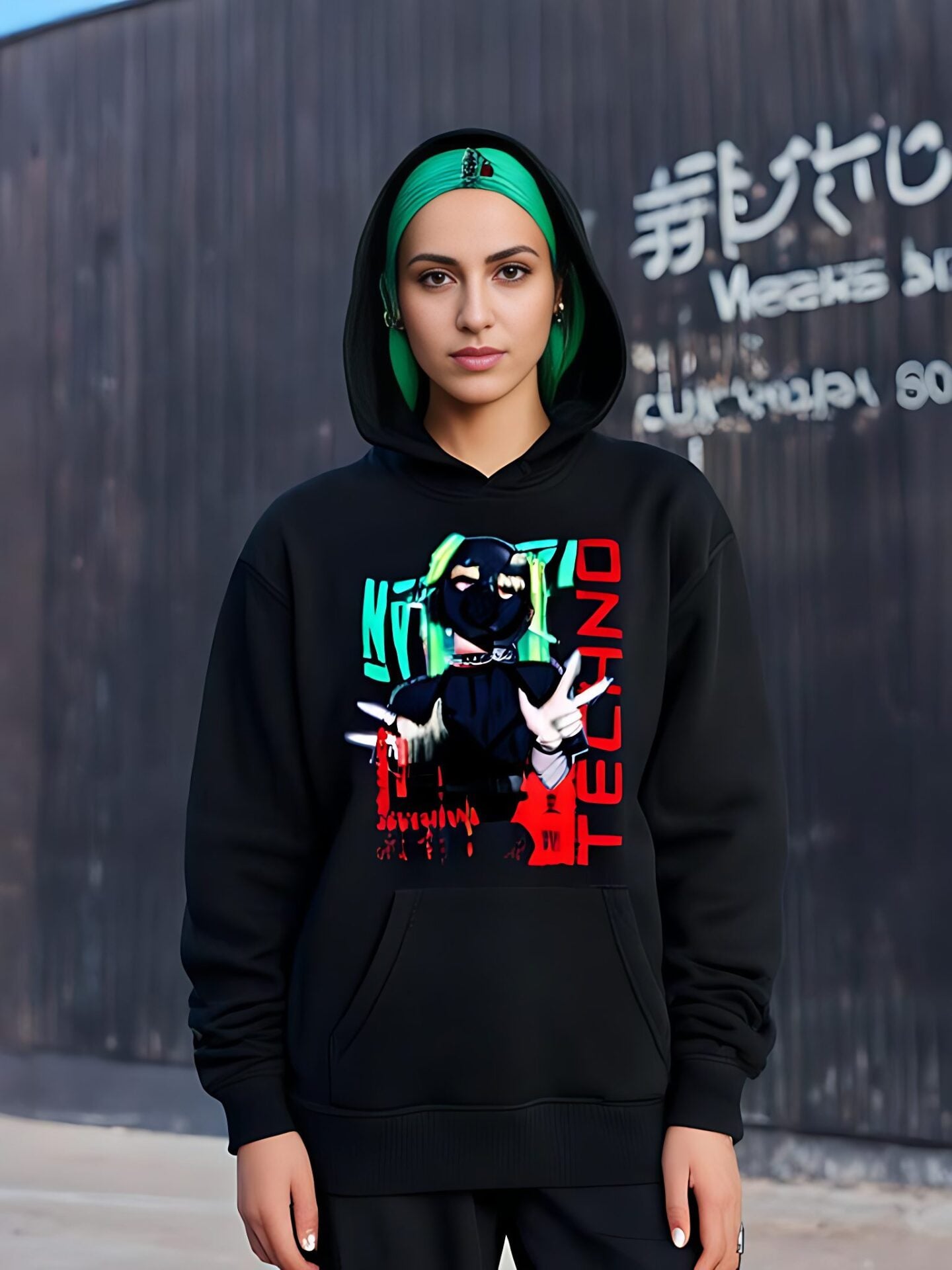 Black hoodie worn with the hood up, green and red Techno Masked Girl graphic on the chest.