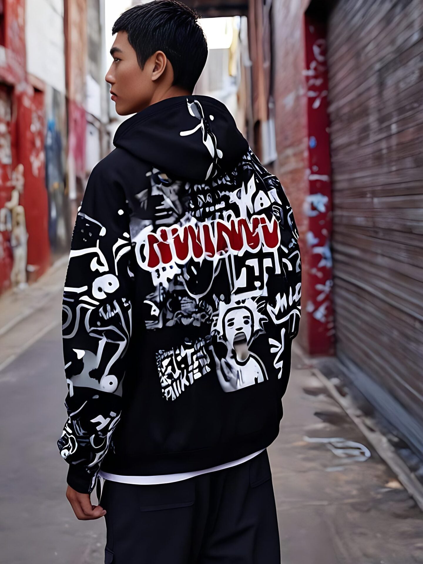Veste graffiti noir et blanc à capuche, vue de trois quarts dos, dans une ruelle.